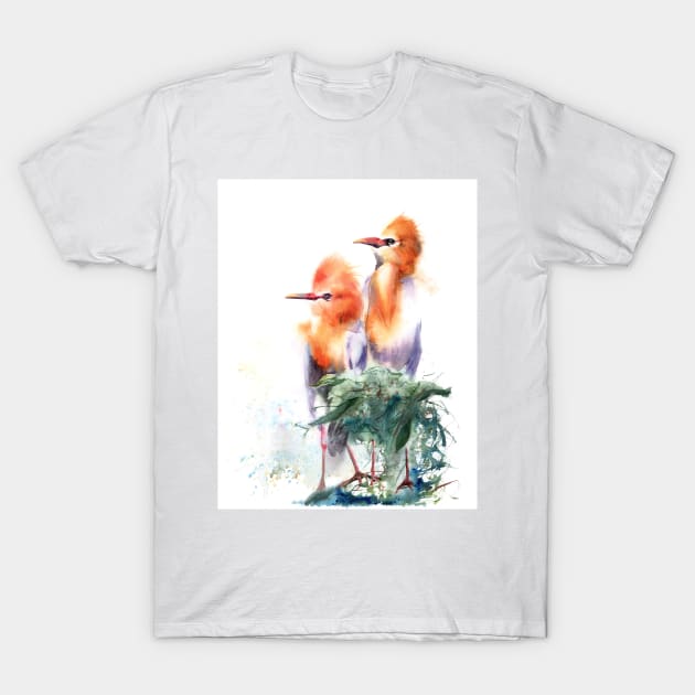 Watercolor Cattle Egret Print T-Shirt by PaintsPassion